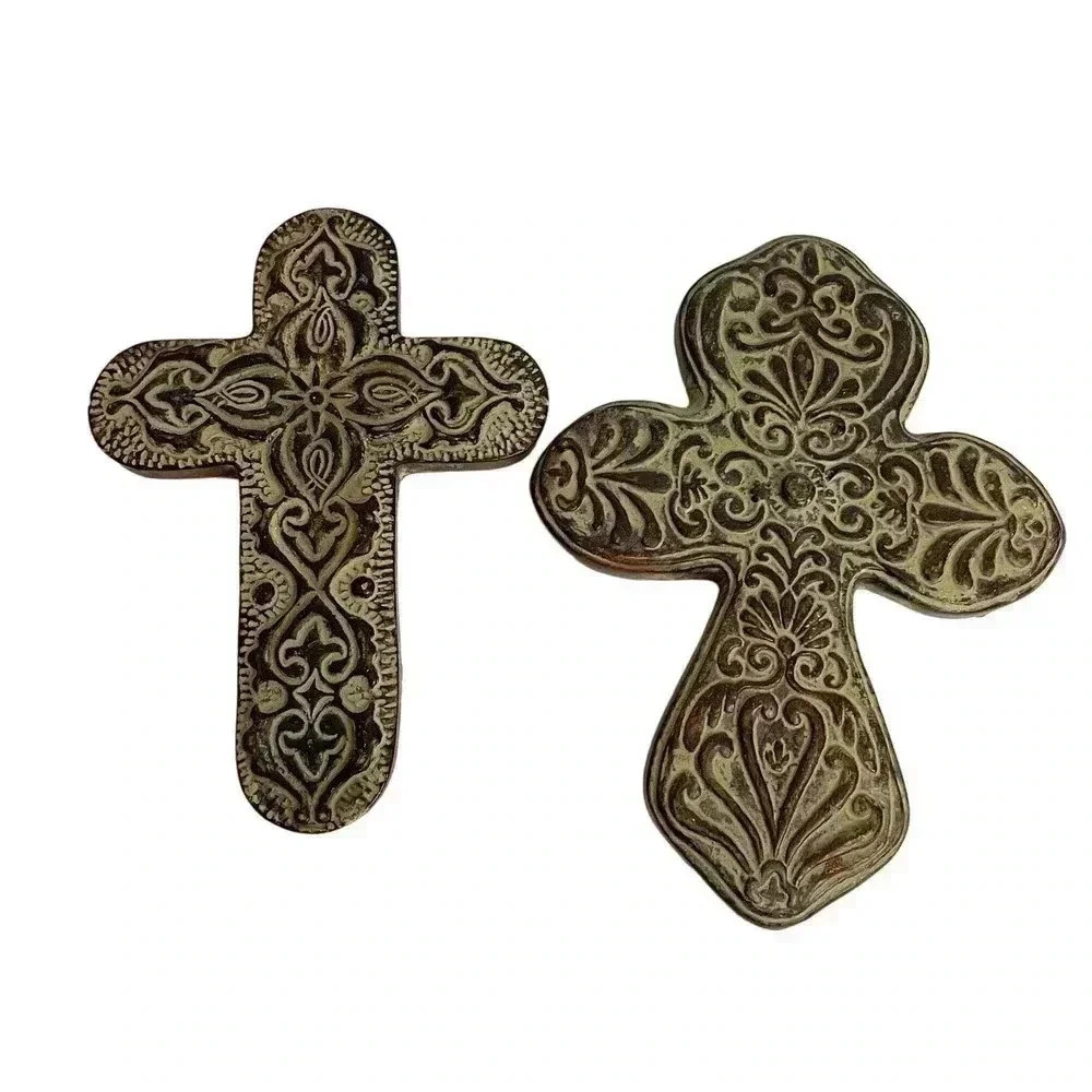 Lot of 2 Brown Rustic Heavy Wall Cross Crucifix‎ Decor Distressed Decorative